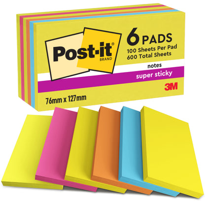 Sechs 3M Post-it® Notes Blöcke aus der Energetic Collection, 76 x 127 mm, 100 Blatt pro Block, farblich sortiert, PEFC-zertifiziert (SGSCH-PEFC-COC-110078), 6 Blöcke pro Packung.