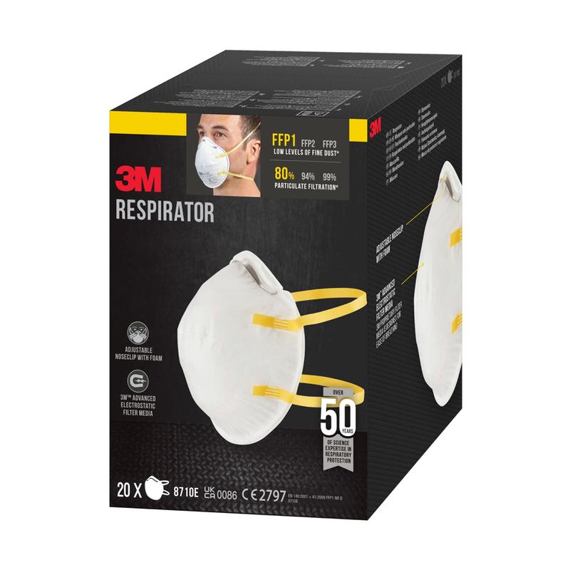 Een doos 3M™ deeltjesmasker 8710E, FFP1, zonder ventiel van 3M Deutschland GmbH bevat 20 maskers met 80% filtratie. De verpakking toont het masker en een persoon die het draagt.