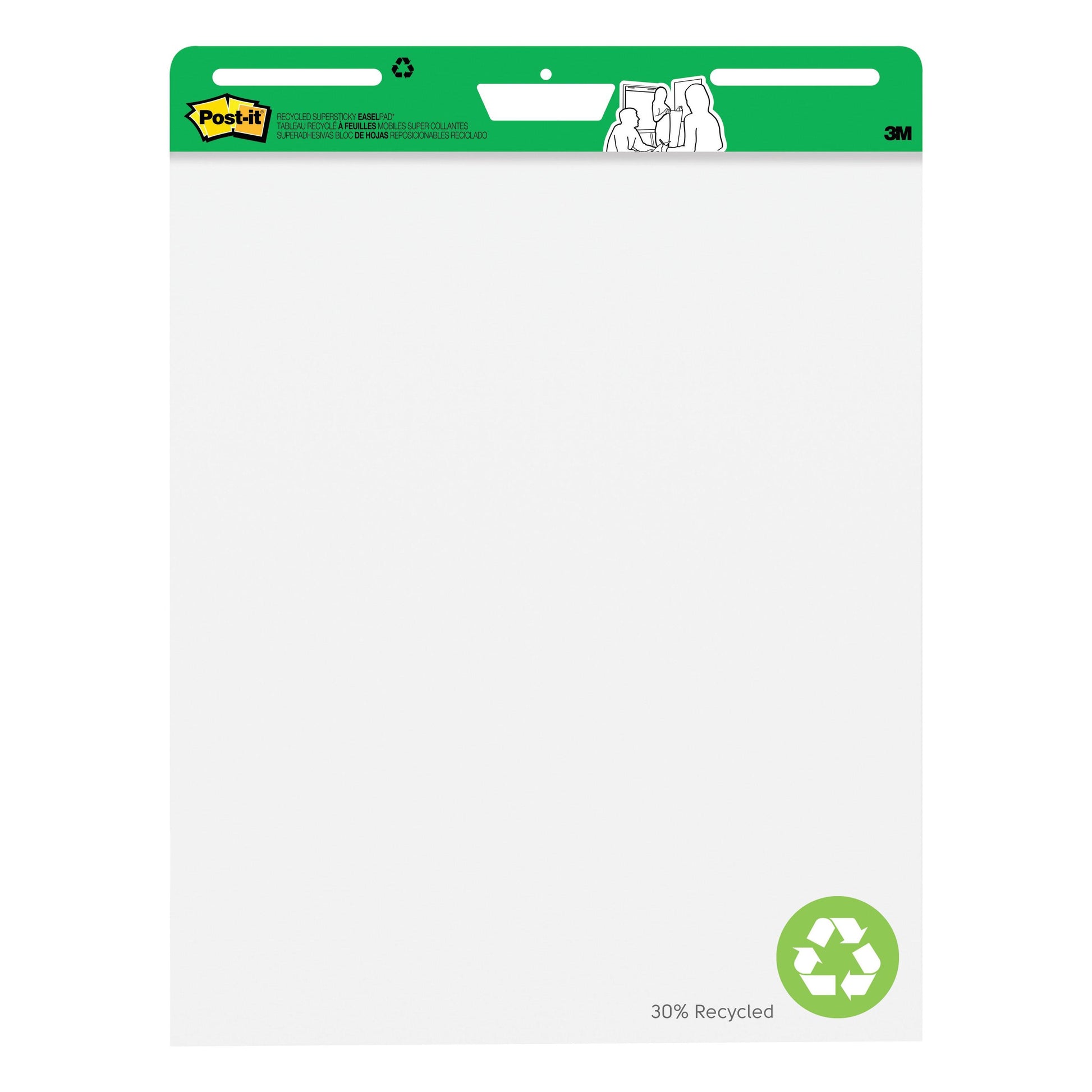 Die Post-it® Super Sticky Recycling Meeting Chart von 3M Deutschland GmbH ist ein weißer Staffelblock (63,5 x 76,2 cm) mit grünem Recycling-Symbol im Kopf und aus 100% PEFC-zertifiziertem Papier, mit 30 Blatt pro Block und zwei Blöcken pro Packung.