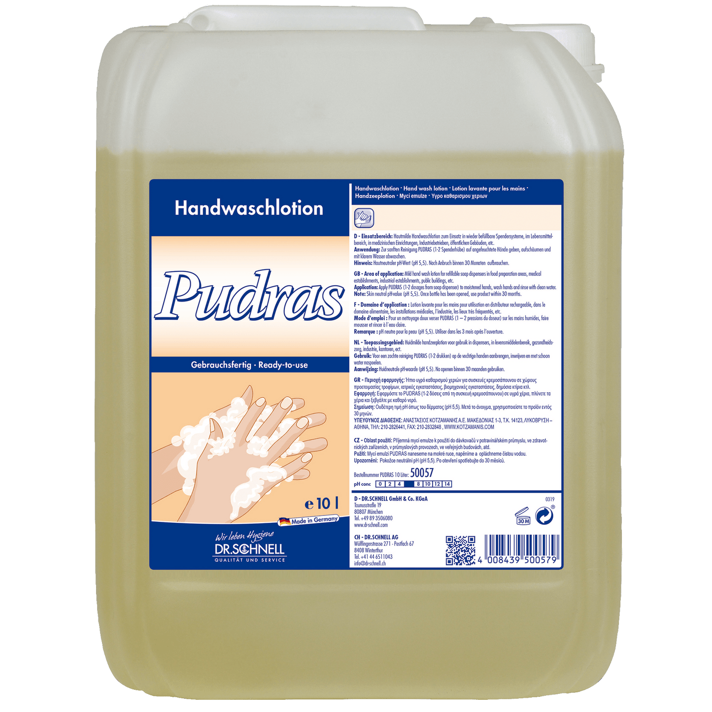 De 10-liter-Dr. Schnell PUDRAS zonder geur- en kleurstoffen van de DR.SCHNELL GmbH & Co. KGaA is hypoallergeen, huidvriendelijk en wordt geleverd in een blauw-wit gelabelde container met gebruiksaanwijzingen en handwasbeelden.