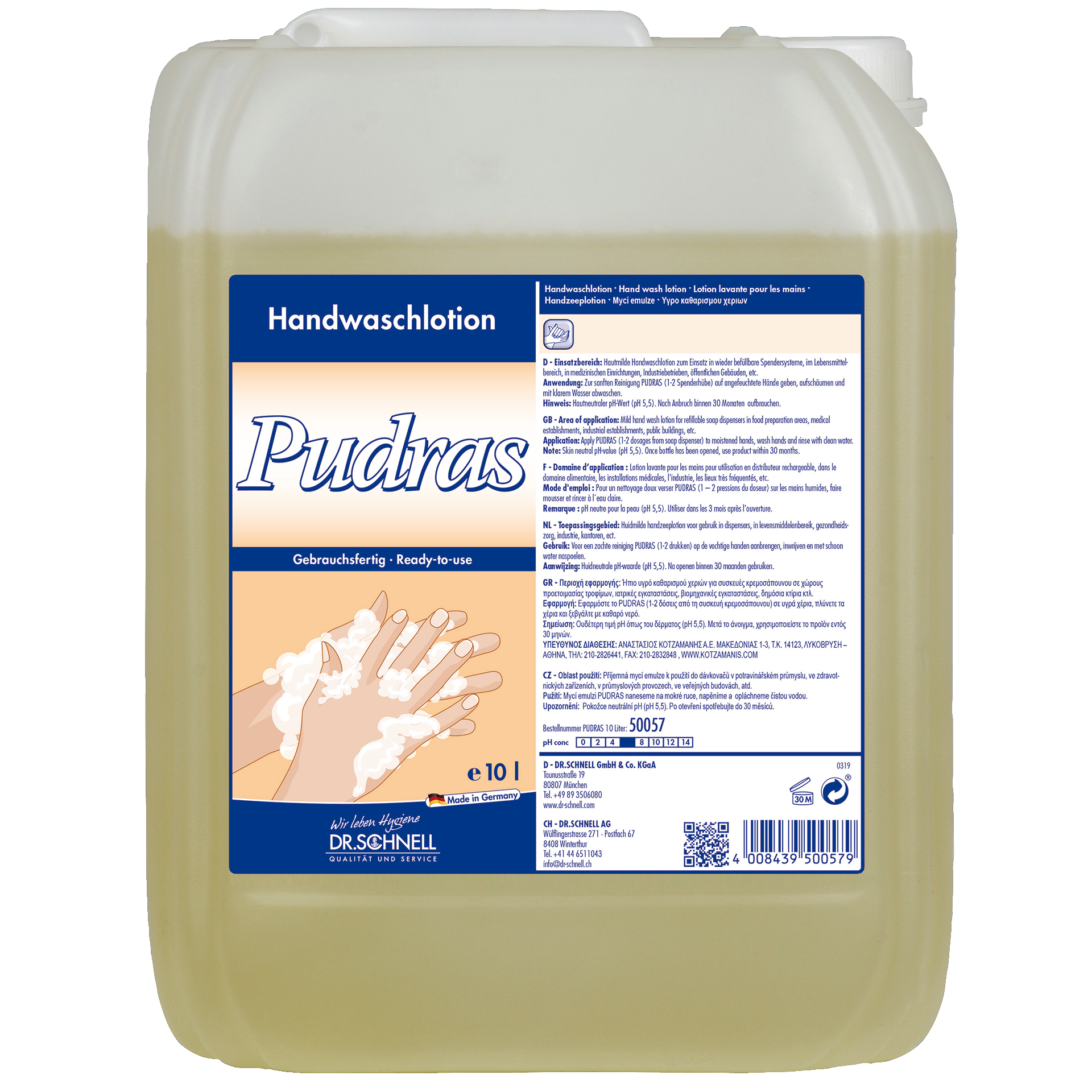 Der 10-Liter-Dr. Schnell PUDRAS ohne Duft und Farbstoffe der DR.SCHNELL GmbH & Co. KGaA ist hypoallergen, hautschonend und wird in einem blau-weiß beschrifteten Behälter mit Anwendungshinweisen und Handwaschbildern geliefert.