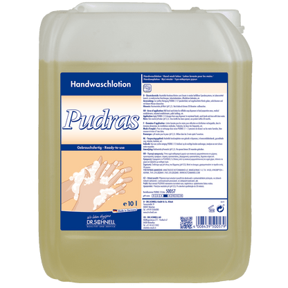 De 10-liter-Dr. Schnell PUDRAS zonder geur- en kleurstoffen van de DR.SCHNELL GmbH & Co. KGaA is hypoallergeen, huidvriendelijk en wordt geleverd in een blauw-wit gelabelde container met gebruiksaanwijzingen en handwasbeelden.