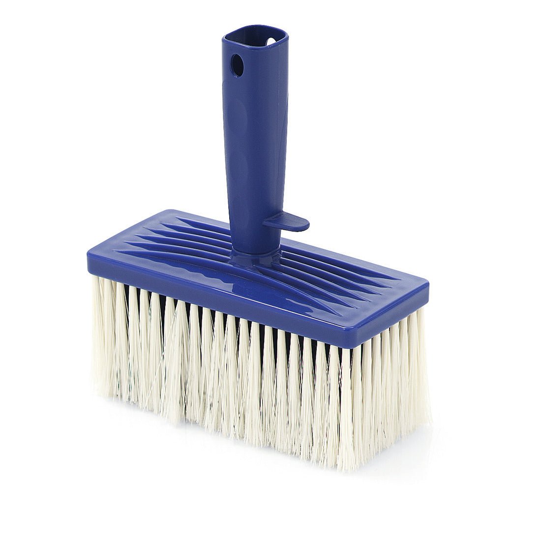 De Nölle Profi Brush vakman plafondborstel (17x7,5 cm, 70 mm borstelharen) van Nölle Profi Brush Borstel- & Penseeltechniek e.K. heeft witte borstelharen en een blauwe handgreep met gat, perfect voor schilderwerk. 1 stuk, afgebeeld op een witte achtergrond.