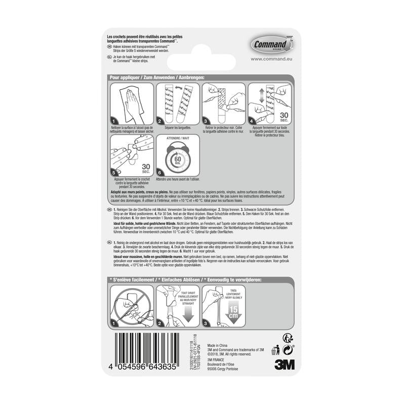 Op de achterkant van de Command™ roestvrijstalen metalen haak maat S, 17031SS-4ES (4 haken, 5 strips) van 3M Deutschland GmbH bevindt zich een meertalige handleiding met diagrammen, barcode, veiligheidsinstructies, tips voor wandorganisatie en het 3M-logo.