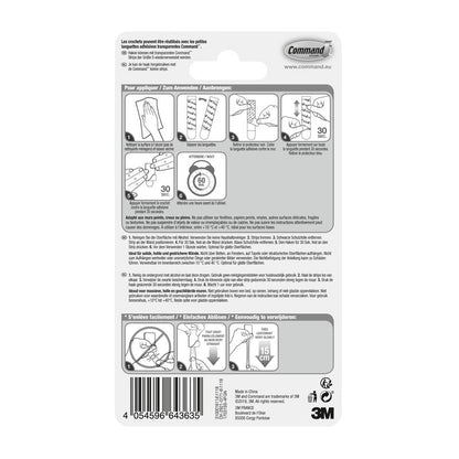 Op de achterkant van de Command™ roestvrijstalen metalen haak maat S, 17031SS-4ES (4 haken, 5 strips) van 3M Deutschland GmbH bevindt zich een meertalige handleiding met diagrammen, barcode, veiligheidsinstructies, tips voor wandorganisatie en het 3M-logo.