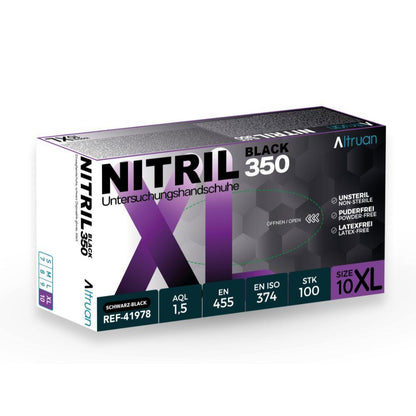 Een doos BINGOLD Altruan Nitril 350 Black wegwerphandschoenen - niet-steriele, latexvrije, poedervrije zwarte onderzoekshandschoenen. Elke doos bevat 100 stuks in zwarte, witte en paarse verpakking.