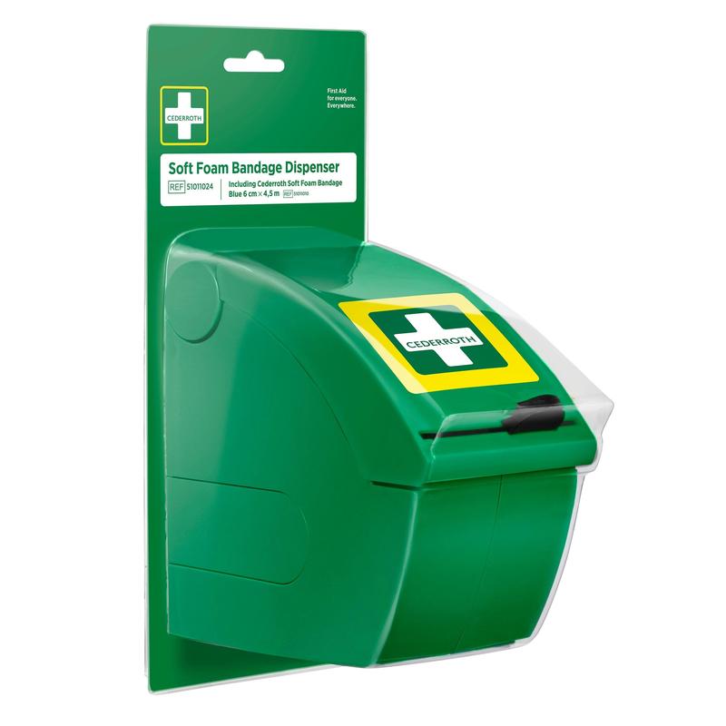 De Cederroth soft foam verbanddispenser blauw van Orkla Wound Care AB is een blauwe dispenser op een achterwandkaart met de tekst "Soft Foam Bandage Dispenser". Met pull-down-voorzijde en kruis symbool is het ideaal voor snelle eerste hulp met zelfklevende verbanden.