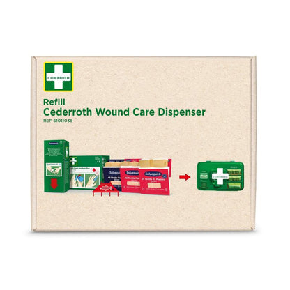 Een karton met het opschrift "Cederroth first aid navulverpakking voor cederroth wondverzorgingsdispenser ref 51011006" van Orkla Wound Care AB, met wondverzorgingsproducten en een groene dispenser. Het Cederroth-logo bevindt zich in de linkerbovenhoek.