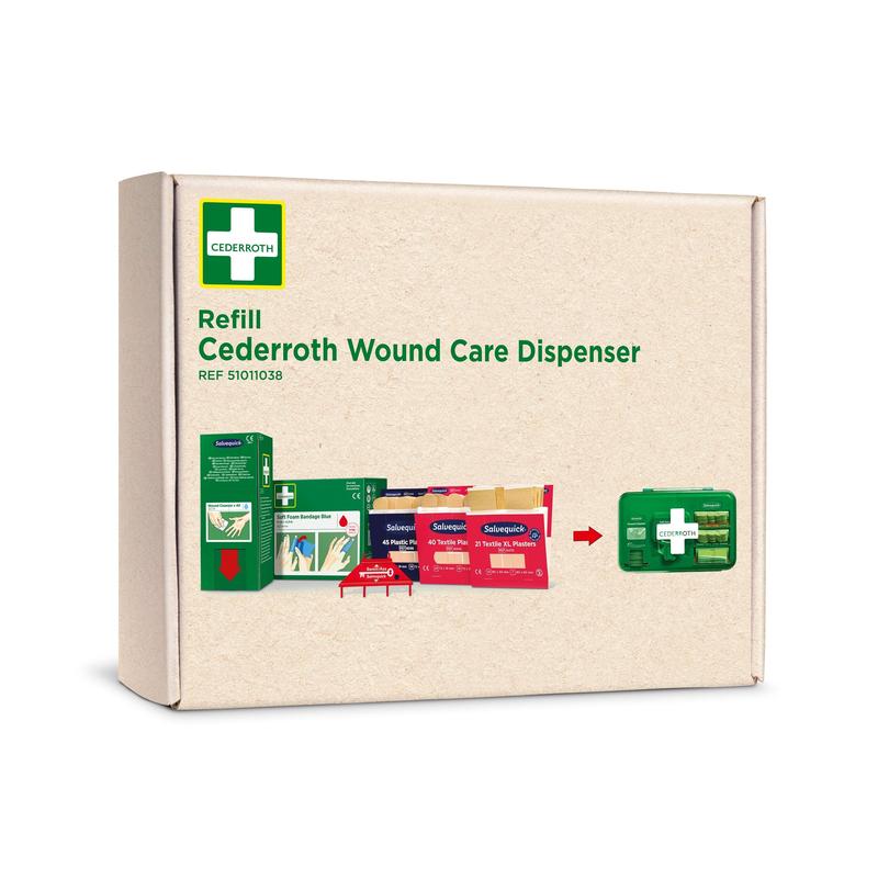 Een karton met het opschrift "Cederroth First Aid Navulverpakking voor Wondverzorgingsdispenser REF 51011006" van Orkla Wound Care AB, dat aan de voorkant verschillende EHBO-producten en een groene dispenser toont.