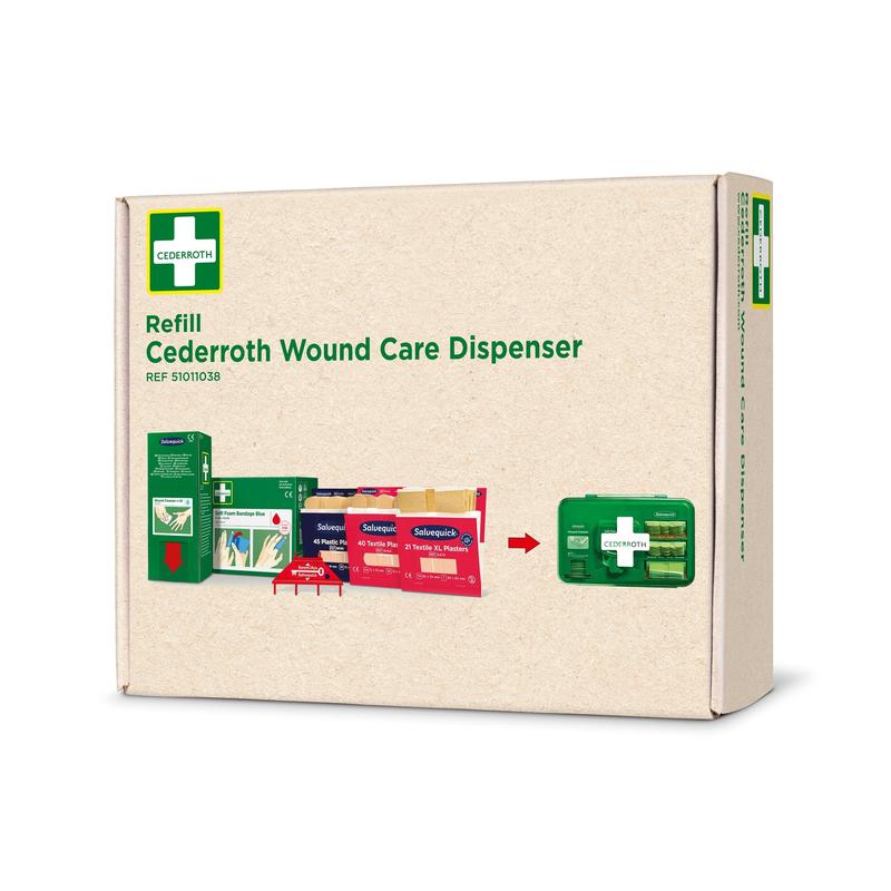 Een kartonnen doos met het opschrift "Cederroth first aid navulverpakking voor cederroth wondverzorgingsdispenser ref 51011006" van Orkla Wound Care AB toont afbeeldingen van de meegeleverde wondverzorgingsartikelen en een groene dispenser met medisch materiaal.