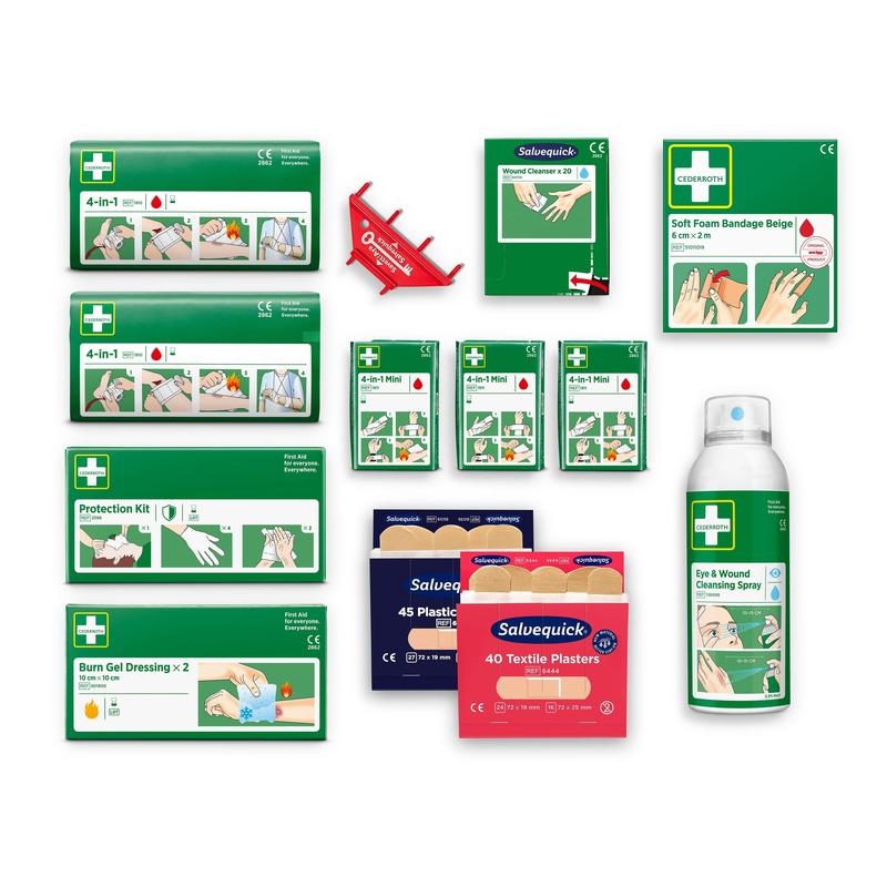 Cederroth eerste-hulp-mijn voor cederroth eerste-hulp-station ref 51011026 van Orkla Wound Care AB bevat verbanden, pleisters, brandwondengelverbanden, wondenspray, scharen en meer - ideaal eerstehulpmateriaal op een witte achtergrond.