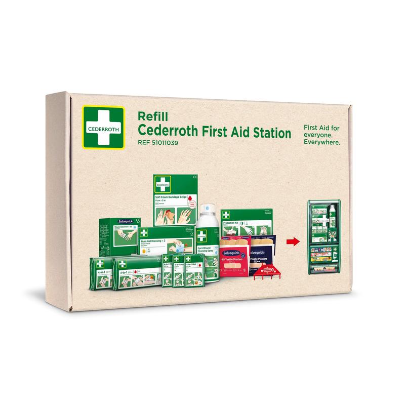 Een doos met het opschrift "Cederroth eerste-hulp-mijn voor cederroth eerste-hulp-station ref 51011026" van Orkla Wound Care AB toont afbeeldingen van eerstehulpmaterialen en een station met een pijl die op de navulling wijst.