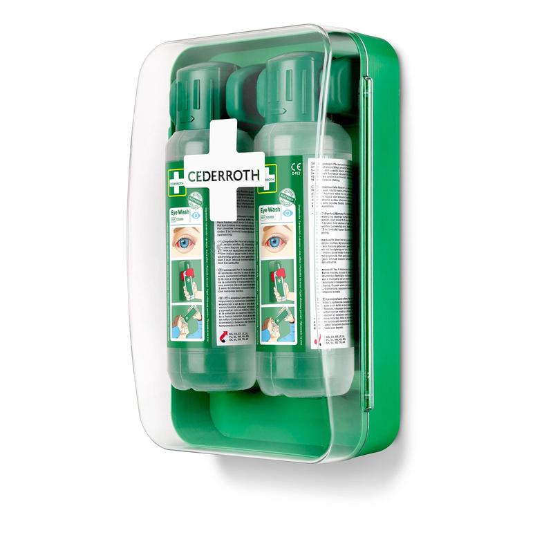 De Cederroth oogspoelkast 1x1 van Orkla Wound Care AB is een groene, aan de muur gemonteerde nood-oogspoelstation met een transparante afdekking, die twee duidelijk gelabelde flessen bevat en aan de voorkant voorzien is van instructies en veiligheidssymbolen.