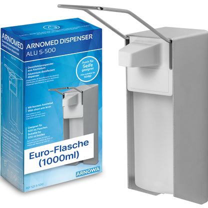 Ein hygienischer Seifen- und Desinfektionsmittelspender aus Aluminium von ARNOWA GmbH, gezeigt neben seiner blau-weißen Verpackung mit Produktdetails auf Deutsch. Modell: ARNOMED DISPENSER, passend für Euro-Flaschen (1000 ml).