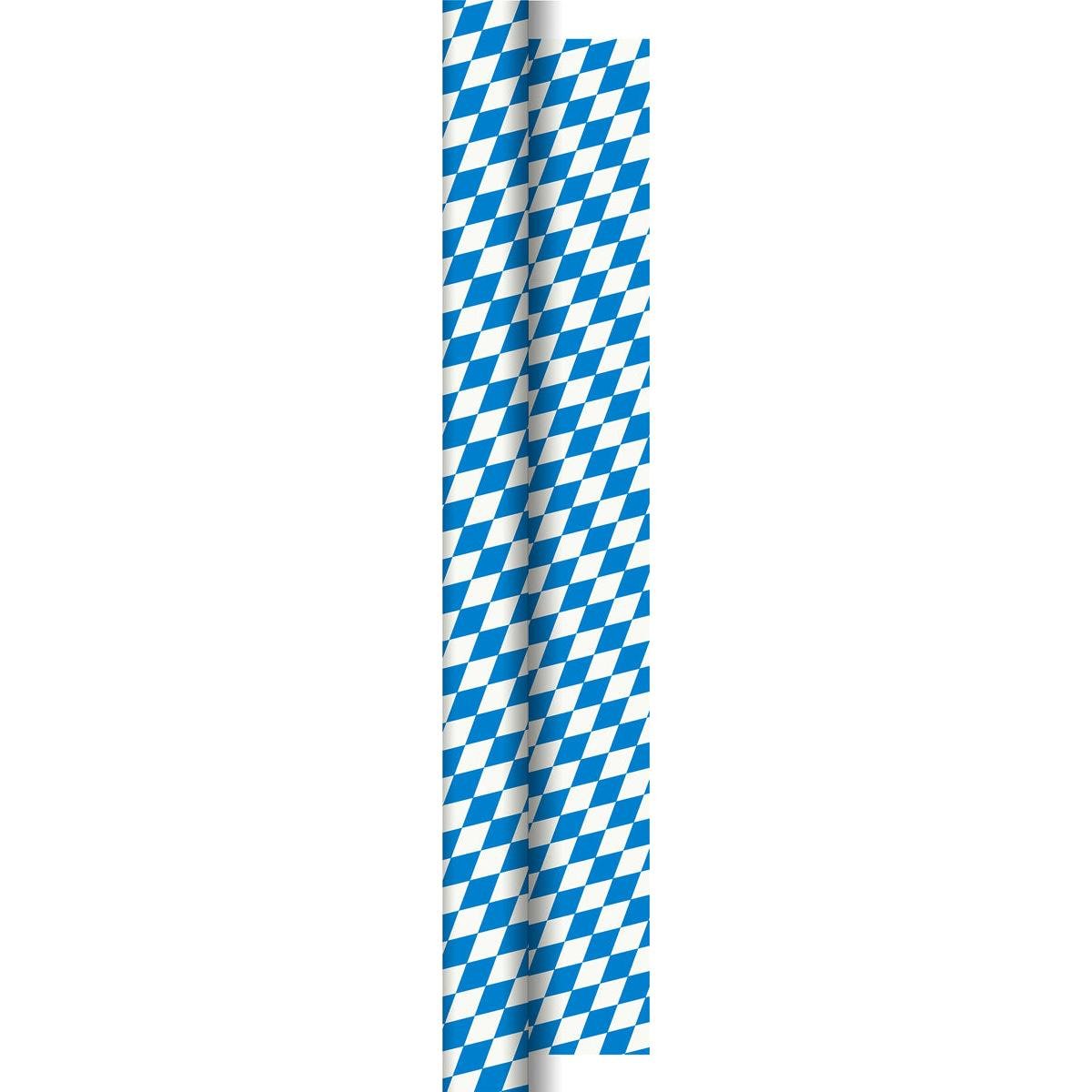 Een papieren tafeldecoratierol 50x1,0m Bay. Ruit van Duni GmbH met klassiek Beiers blauw-wit ruitpatroon op witte achtergrond - ideaal voor creatieve projecten en decoraties met het thema Oktoberfest.