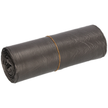 Eine Rolle EMIL DEISS KG (GmbH + Co.) DEISS 54095 graue Müllsäcke (500x580 mm, 50 Stück), gesichert mit einem braunen Gummiband, ist auf einem einfarbig weißen Hintergrund platziert.