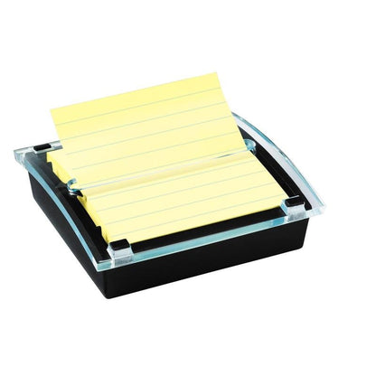 De 3M Post-it® Z-Notes Dispenser XL in zwart bevat een pak grote, gele, gelinieerde Super Sticky Z-Notes (101 x 101 mm, 90 vel), met een gebruiksklare notitie - perfect voor uw bureau.