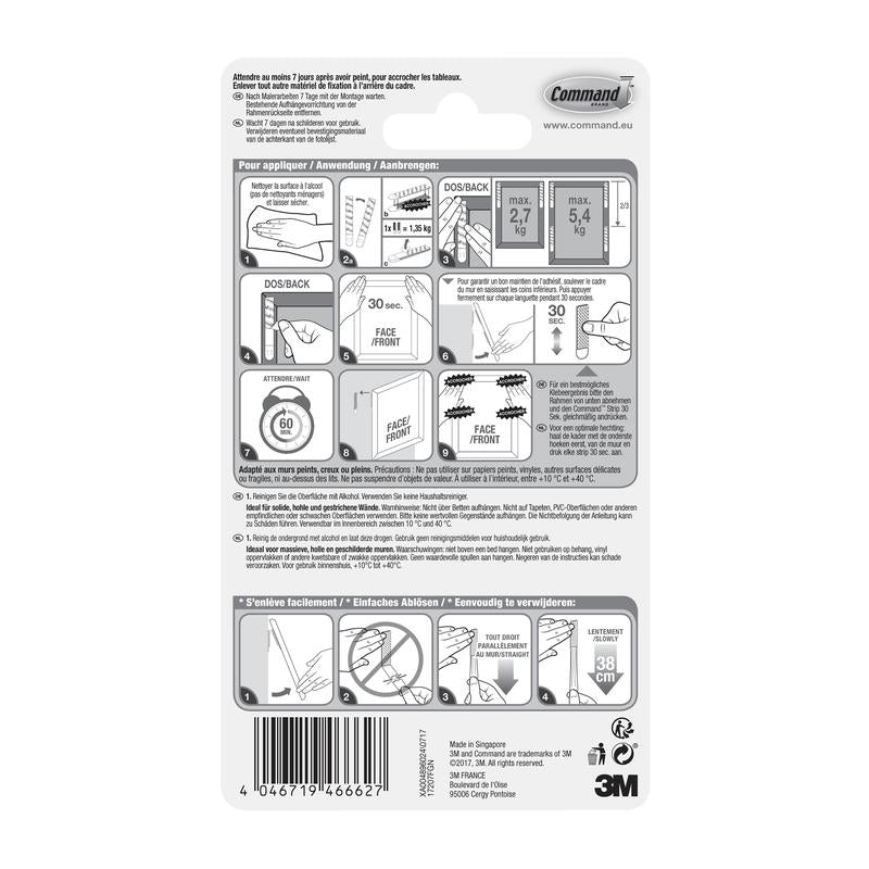 Achterkant van een 3M Deutschland GmbH Smalle Command™ Bevestigingsstrips voor schilderijen (M) 17207 verpakking met geïllustreerde gebruiks-/verwijderingsinstructies, specificaties, veiligheidsinformatie, meertalige tekst en de opmerking dat de strips residuvrij te verwijderen zijn.