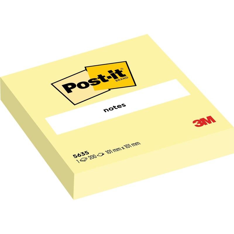 Het Post-it® Notes blok van 3M Deutschland GmbH in geel heeft 200 vellen (101 x 101 mm), ideaal voor kantoorbenodigdheden. Het blok draagt het "notes"-label, is 100% PEFC-gecertificeerd (SGSCH-PEFC-COC-110078) en bevat alle merkelogo's.