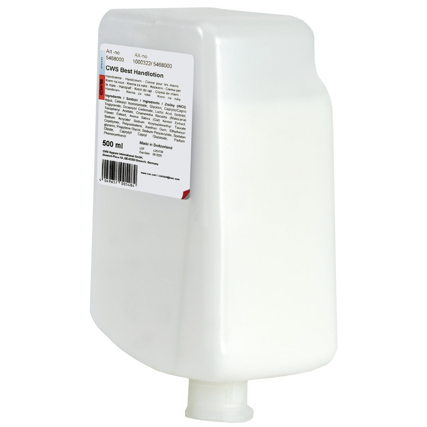 Witte, rechthoekige 500 ml-fles CWS Handlotion met productinformatie, barcode en een kleine bodemtuit voor de dagelijkse en hoogwaardige handverzorging. Met het opschrift "CWS Handlotion, Beste Handlotion 500 ml | Fles (500 ml)".