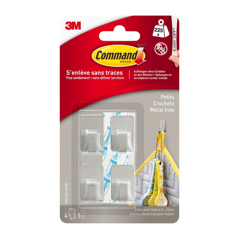 De Command™ roestvrijstalen metalen haak maat S, 17031SS-4ES van 3M Deutschland GmbH bevat 4 zelfklevende haken en 5 strips, biedt schadevrije wandorganisatie, gemakkelijke verwijdering en toont Franse tekst en toepassingsafbeeldingen op de verpakking.