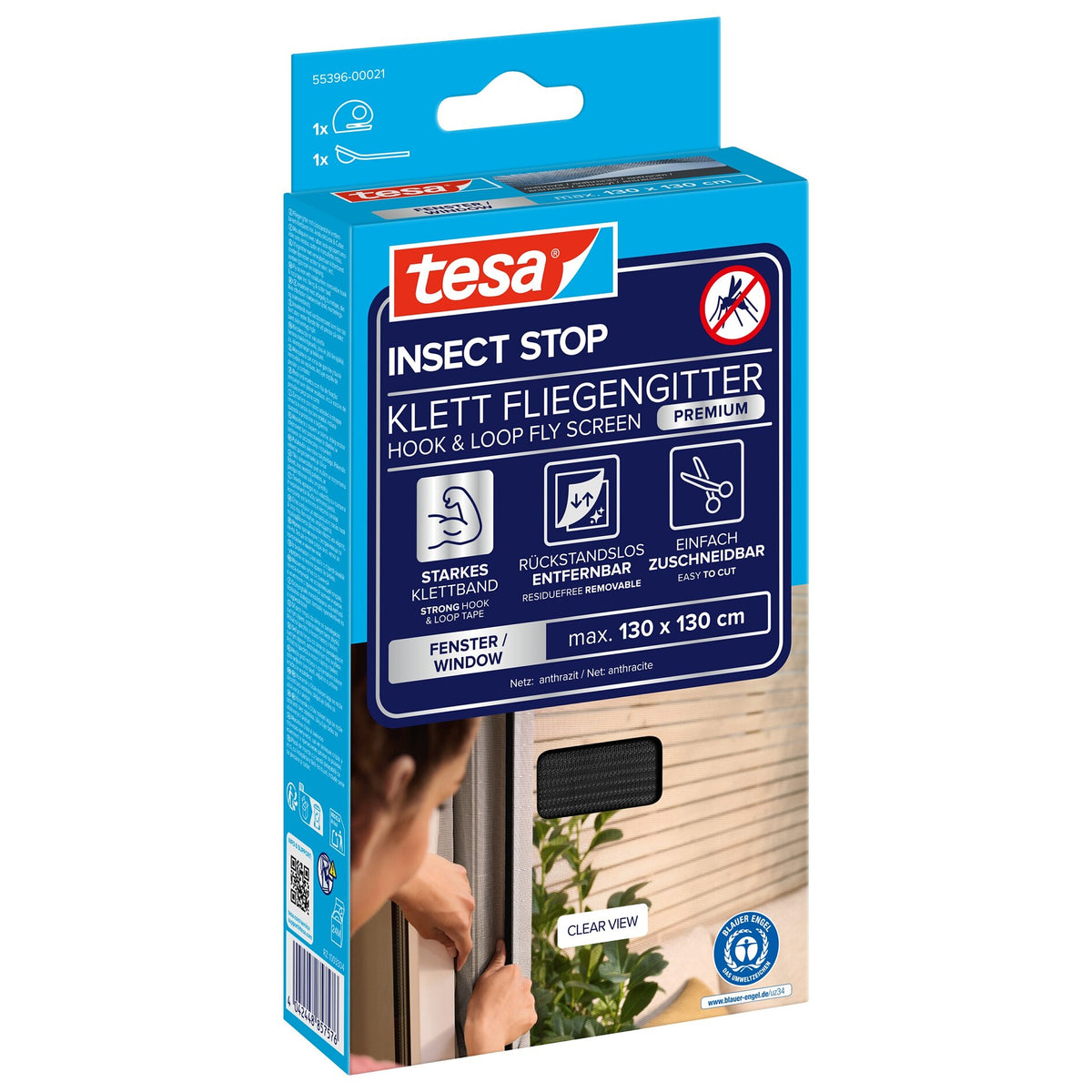 tesa INSECT STOP Klett Fliegengitter Premium für Fenster, anthrazit 130 x 130 cm