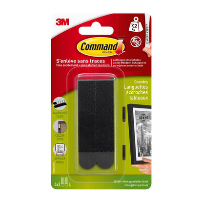 Een verpakking grote zwarte Command™ Bevestigingsstrips 17206BLK van 3M Deutschland GmbH, voor schadevrij ophangen van fotolijsten tot 7,2 kg, met Franse tekst en afbeeldingen voor eenvoudige toepassing.
