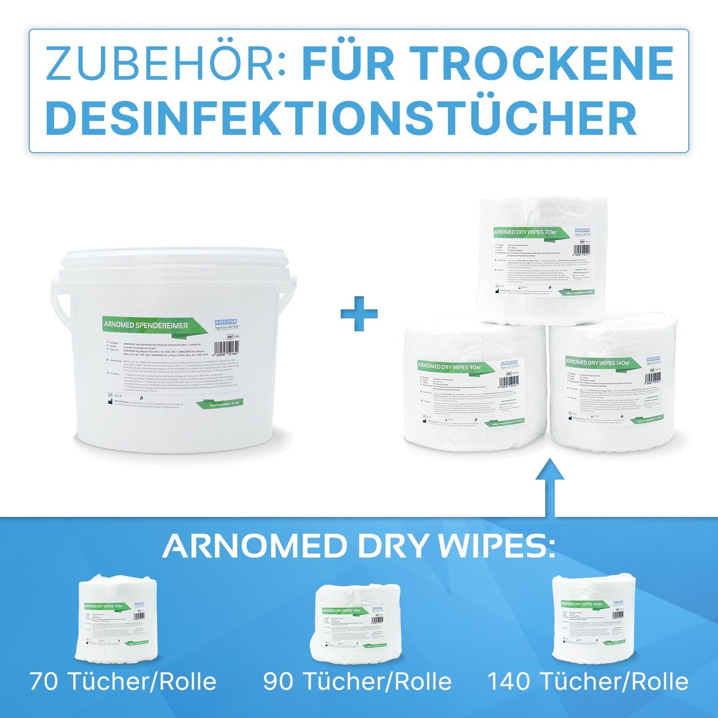 Links: Witte ARNOMED dispenseremmer met het opschrift "Arnomed Spraycrème" van ARNOWA GmbH. Rechts: Drie ARNOMED dispenseremmers voor non-woven doekrollen (70, 90, 140 doeken) - ideaal voor desinfectie.