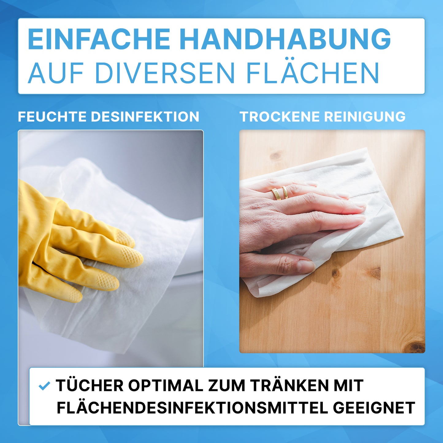 Links: Een hand met gele rubberen handschoen gebruikt een vochtig doekje uit de ARNOMED dispenseremmer voor non-woven doekrollen van ARNOWA GmbH voor desinfectie; rechts veegt een blote hand met een droog doekje. Tekst legt de toepassingen uit.