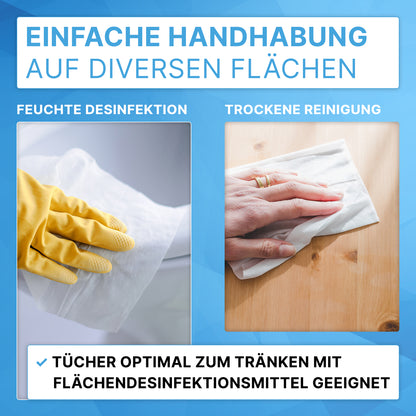 Links: Een hand met gele rubberen handschoen gebruikt een vochtig doekje uit de ARNOMED dispenseremmer voor non-woven doekrollen van ARNOWA GmbH voor desinfectie; rechts veegt een blote hand met een droog doekje. Tekst legt de toepassingen uit.