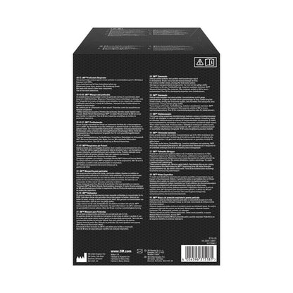 Op de achterkant van de zwarte doos van het 3M™ deeltjesmasker 8710E, FFP1 van 3M Deutschland GmbH staan instructies en productinformatie in meerdere talen, witte tekst in kolommen, kleine symbolen en een barcode rechtsonder.