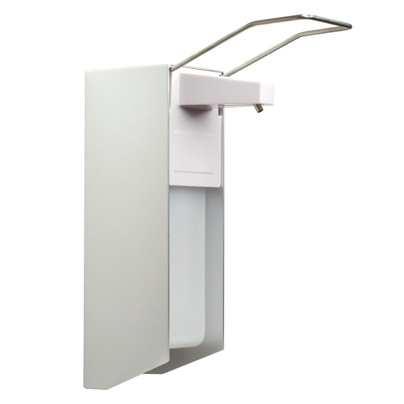 De MCD MEDICAL CARE DENTAL GmbH NITRAS desinfectiemiddeldispenser (1 stuk) heeft een capaciteit van 1000 ml flessen, heeft een armhendel voor eenvoudige bediening, is gemaakt van aluminium/kunststof in zilver/wit en wordt geleverd inclusief wandbevestiging.