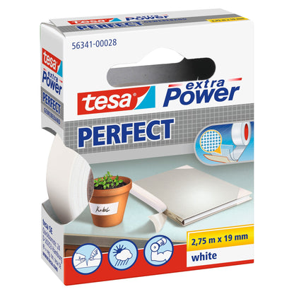 tesa extra Power Perfect Gewebeband, in Hängefaltschachtel, weiß, 2,75 m x 19 mm