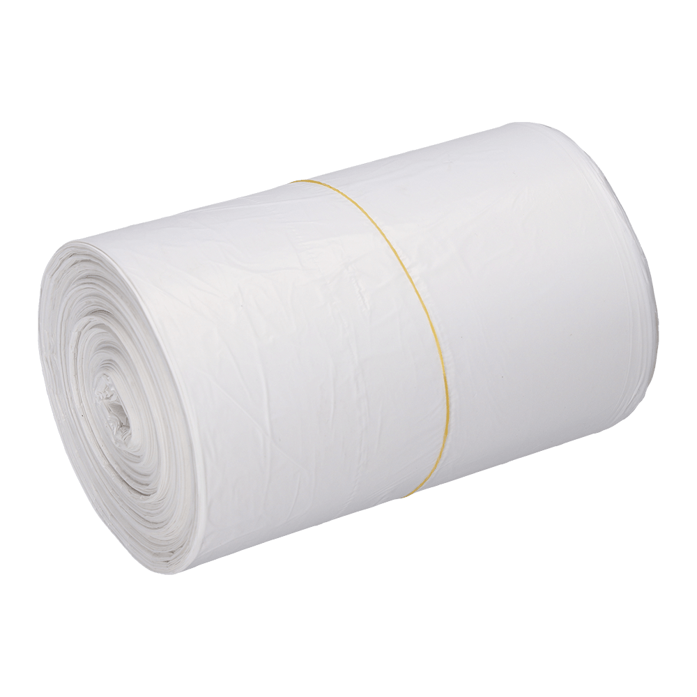 Een rol EMIL DEISS KG (GmbH + Co.) DEISS 56820 vuilniszakken (540x580x0,011 mm, wit) is strak opgerold en met een geel elastiek op witte ondergrond vastgezet - ideaal voor een efficiënte afvalverwerking.