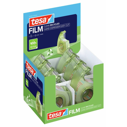 tesa HAND DISPENSER EASY CUT RECYCLED handafroller, groen, met tesafilm Clear Recycled 33 m x 19 mm, met EAN-etiket