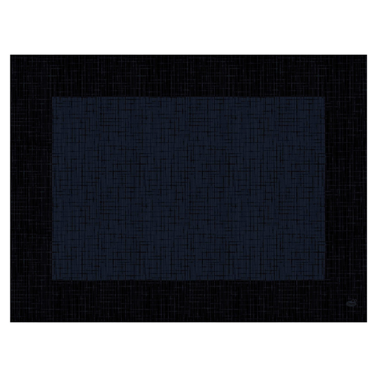 Een abstract schilderij dat een grote donkerblauwe rechthoek toont met een gestructureerd rasterpatroon dat doet denken aan het verfijnde Duni Dunicel®-placemat 30 x 40 cm 'Linnea Black' van Duni GmbH, tegen een zwarte achtergrond die de rasterstructuur weerspiegelt.