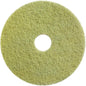 Das Diversey Twister Pad (gelb) von Diversey Deutschland GmbH & Co. OHG ist ein rundes, flaches Pad mit strukturierter Oberfläche und Mittelloch, ideal für die Restaurierung von Steinböden; von oben auf weißem Hintergrund dargestellt.