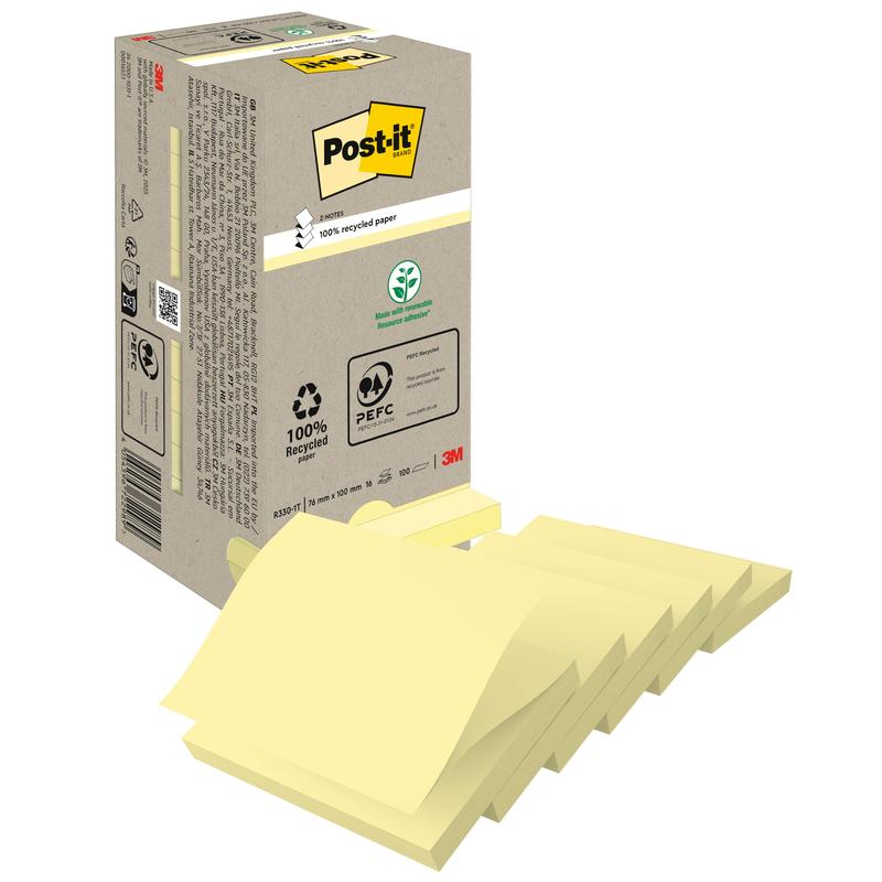 Afgebeeld is een beige doos van 3M Deutschland GmbH Post-it® Recycling Z-Notes (76 mm x 76 mm, 100% PEFC, 100 vel/Blok) met meerdere gele blokken aan de voorkant en recycling-/certificeringssymbolen op de doos.