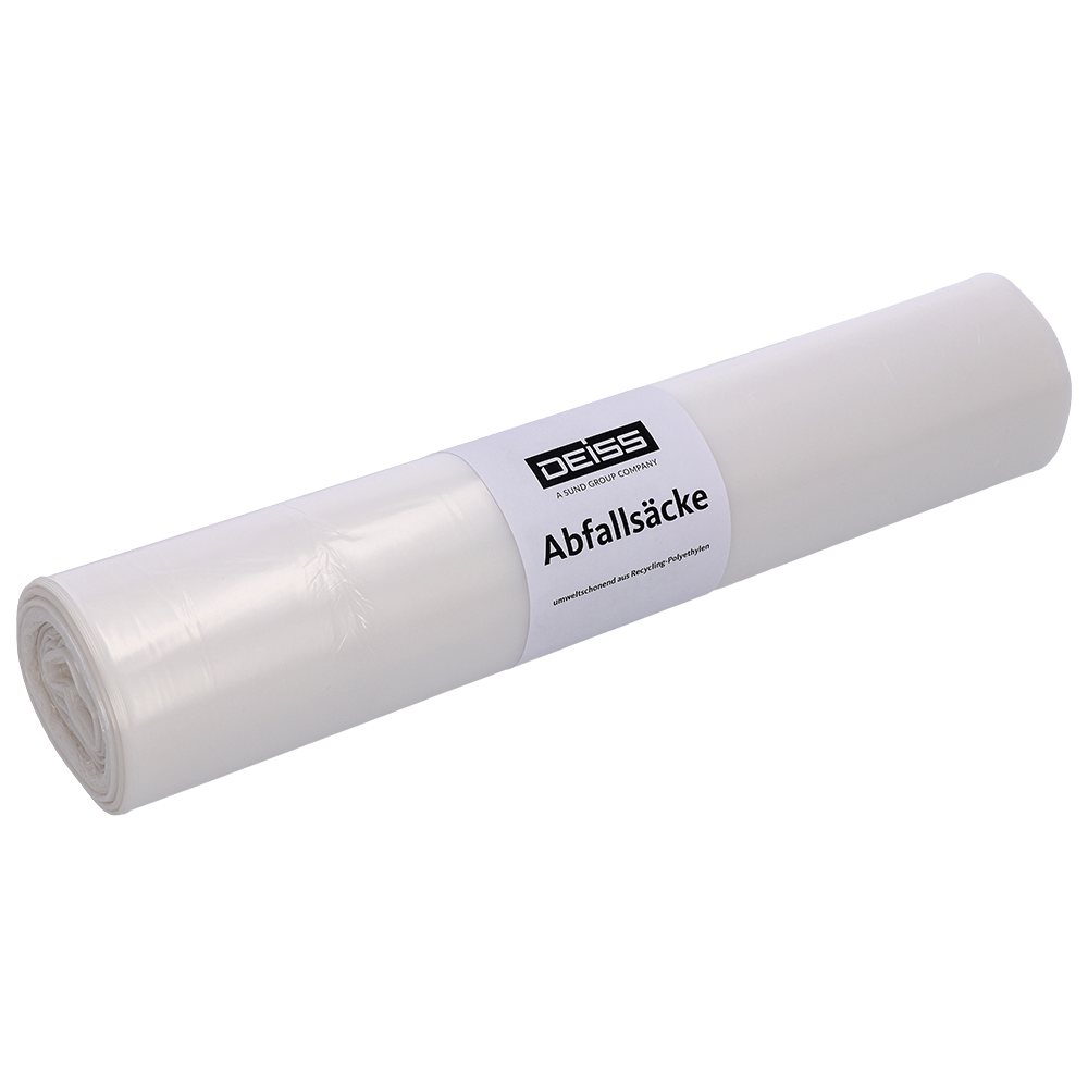 Abgebildet ist eine Rolle EMIL DEISS KG-Müllbeutel DEISS 59001 (700x1100 mm Typ 20 transparent, 50 Stück) auf weißem Hintergrund - perfekt für die Verpackung und die praktische Abfallentsorgung im praktischen, transparenten Rollendesign.