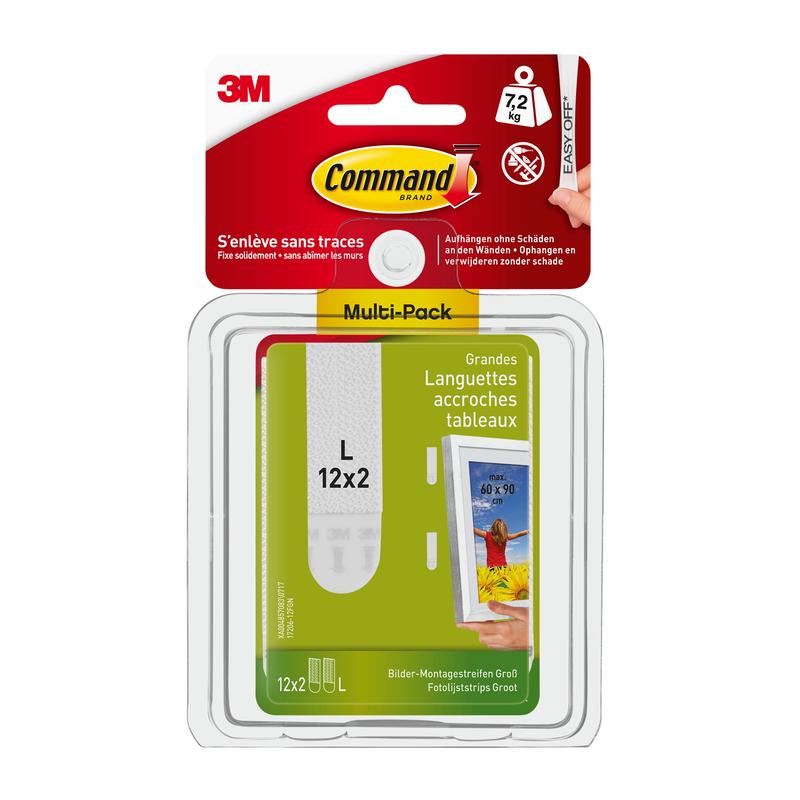 De 3M Deutschland GmbH Grote Command™ Bevestigingsstrips voor foto's L, 12 sets in een voordeelverpakking (17206-12) dragen tot 7,2 kg en maken schadevrij ophangen van foto's mogelijk zonder boren. Verpakking: wit, rood en geel.