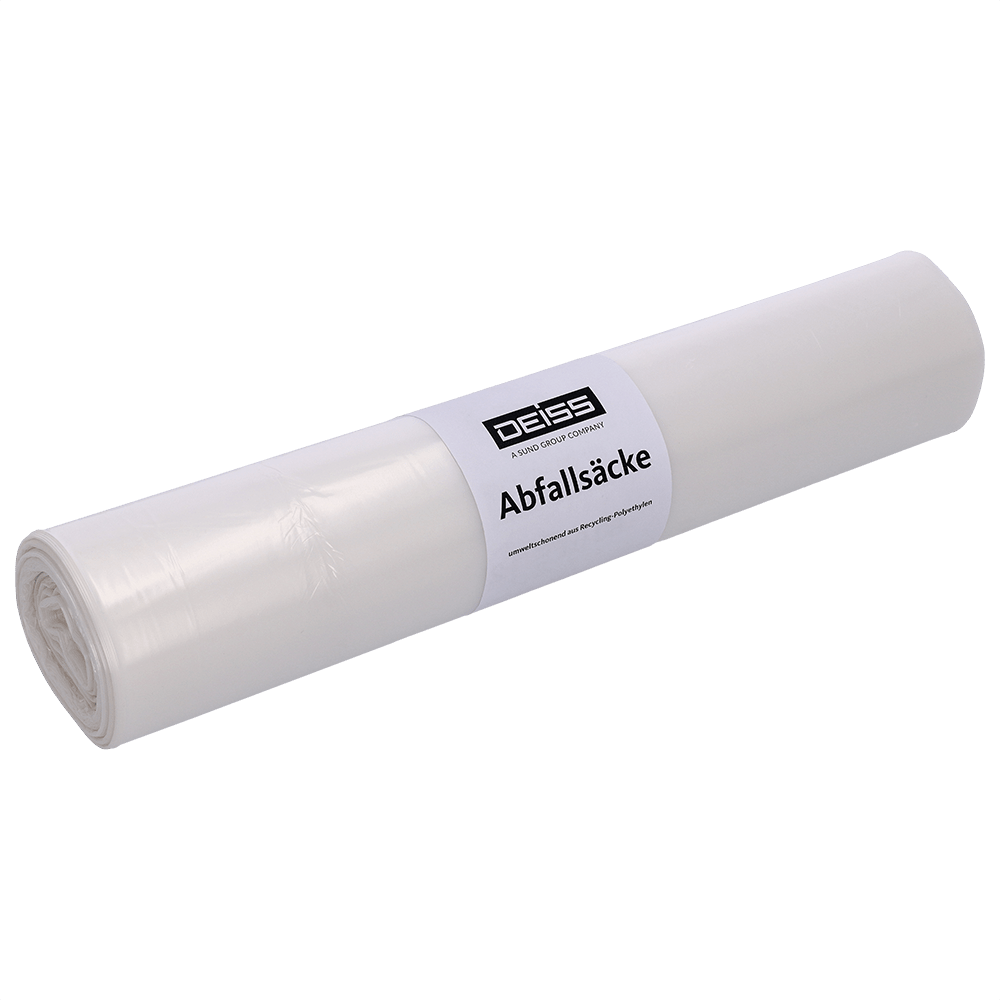 Afgebeeld is een transparante vuilniszakrol DEISS 59701 (575x1000x0,018 mm, 50 stuks) van EMIL DEISS KG (GmbH + Co.) tegen een eenvoudige lichte achtergrond.