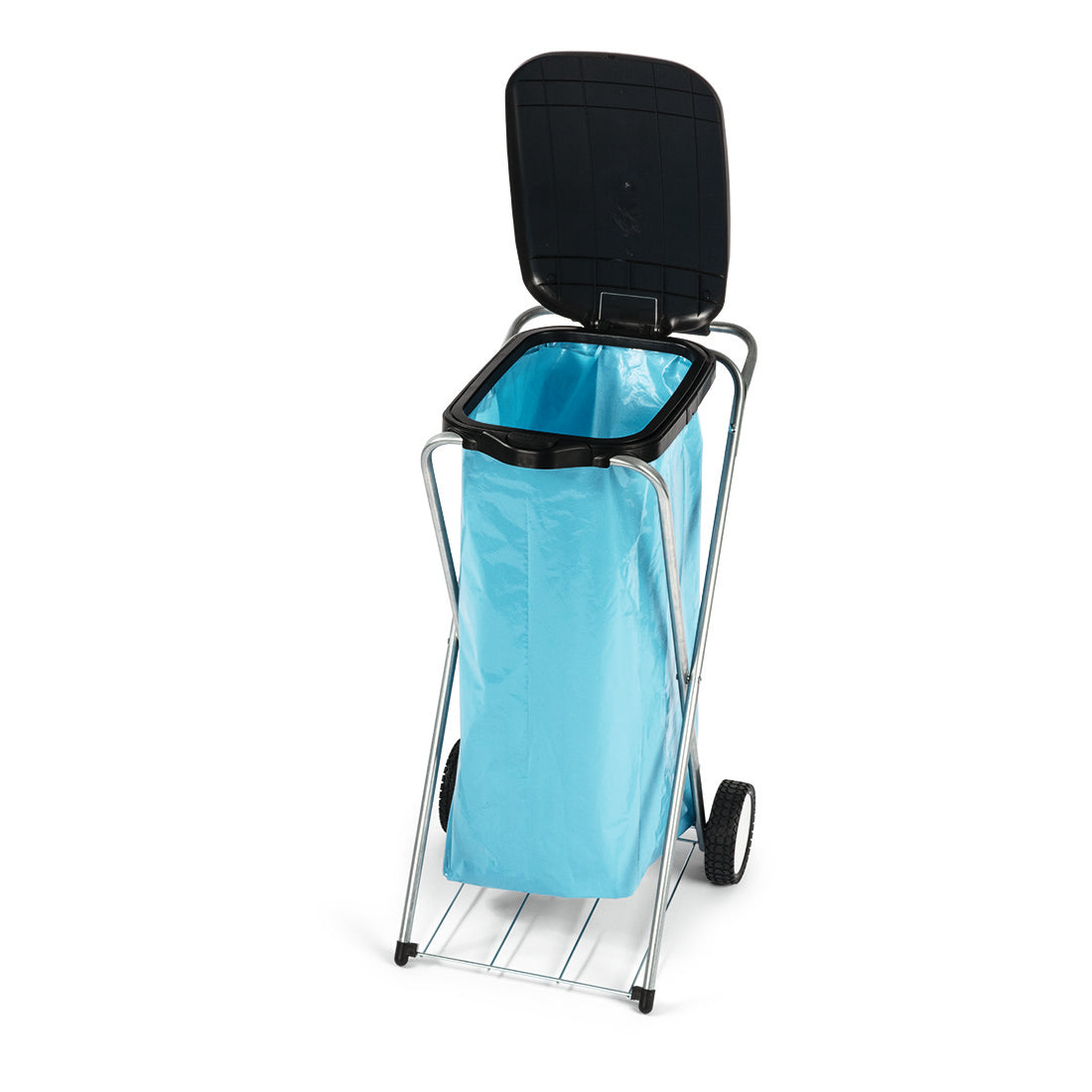 Der Nölle Profi Abfallsammler fahrbar (35x37x78 cm) von Nölle Profi Brush Bürsten- & Pinseltechnik e.K. verfügt über Metallbeine, einen schwarzen Deckel, eine blaue Tasche und zwei Räder; abgebildet aufrecht mit geöffnetem Deckel.