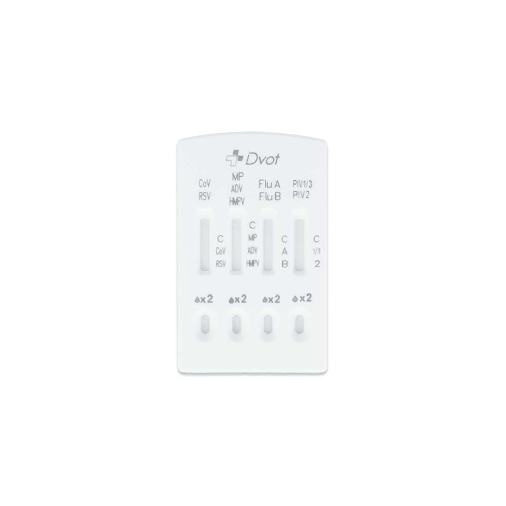 De Altruan Combo 9in1 DVOT Professional testcassette biedt vier resultaatvensters voor SARS-CoV-2, Influenza A+B, RSV, Adenovirus, hMPV, PIV 1/3/2 en Mycoplasma - een efficiënte wit-sneltestoplossing in een enkele verpakking.