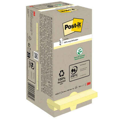 Afgebeeld is een doos van 3M Deutschland GmbH Post-it® Recycling Z-Notes (76x76mm, 100 vel, 100% PEFC) met milieuvriendelijke symbolen op de verpakking en twee gele blokken die gedeeltelijk aan de onderkant zichtbaar zijn.