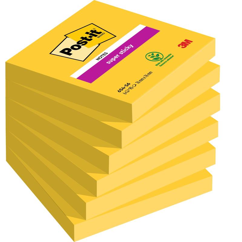 Een verpakking met zes rechthoekige Post-it® Notes in geel, 76 x 76 mm, 90 vel per blok van 3M Deutschland GmbH. Het bovenste blok is voorzien van een magentakleurig "Super Sticky"-etiket. Gemaakt van 100% PEFC-gecertificeerd papier (SGSCH-PEFC-COC-110078).