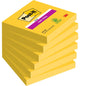 Een verpakking met zes rechthoekige Post-it® Notes in geel, 76 x 76 mm, 90 vel per blok van 3M Deutschland GmbH. Het bovenste blok is voorzien van een magentakleurig "Super Sticky"-etiket. Gemaakt van 100% PEFC-gecertificeerd papier (SGSCH-PEFC-COC-110078).