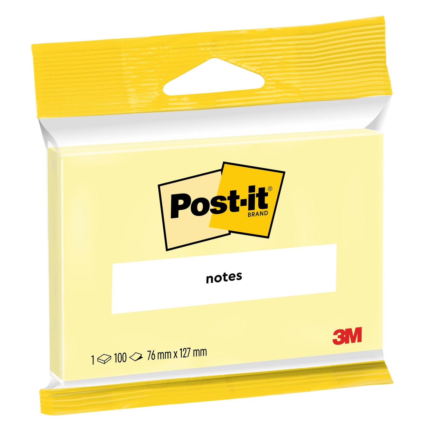 Eine Packung 3M Deutschland GmbH Post-it® Notes, Gelb, 76 mm x 127 mm, enthält 100 Blatt/Block in einer Klarsichtverpackung. Die Zettel sind PEFC-zertifiziert (SGSCH-PEFC-COC-110078), ideal für Bürobedarf.