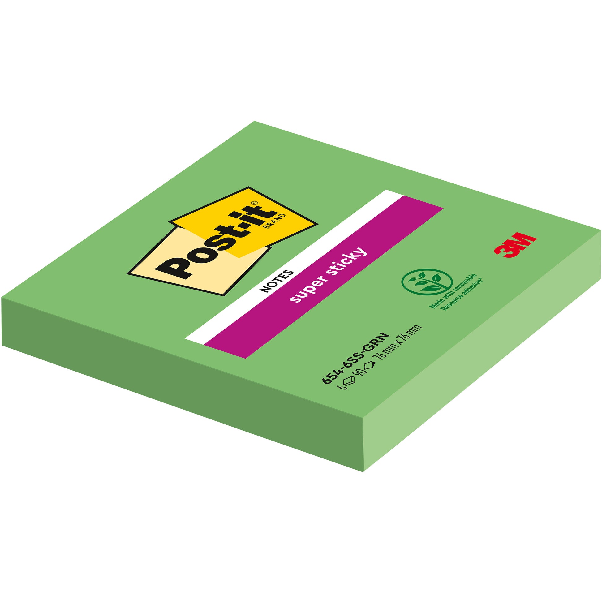 Ein Post-it® Super Sticky Notes Block (76 mm x 76 mm, 90 Blatt), hergestellt von 3M Deutschland GmbH, ist in grün abgebildet. Das Etikett zeigt das Markenlogo, "Super Sticky", ein Recyclingsymbol und den Hinweis, dass es zu 100 % aus PEFC-zertifiziertem Material besteht.