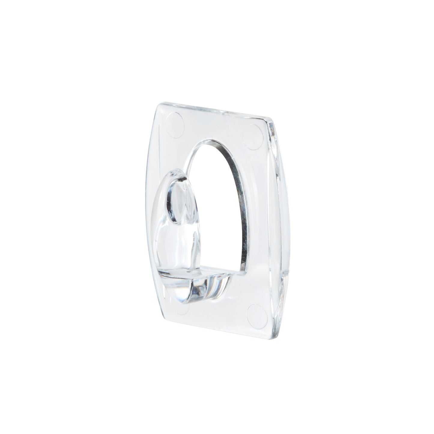 Ein Command™ Mini-Haken, transparent, mit transparenten Strips (17006CLRFGN) von 3M Deutschland GmbH ist schräg auf weißem Hintergrund zu sehen; das rechteckige Objekt hat abgerundete Ecken und eine ovale Aufhängung in der Mitte.