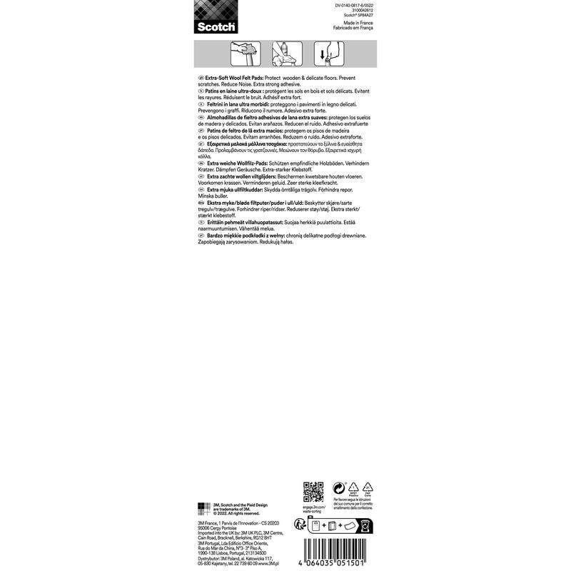 Een meertalig etiket voor Scotch® Extra zachte viltpads, zelfklevend, beige van 3M Deutschland GmbH beschrijft het gebruik voor de bescherming van houten en delicate vloeren, voor geluidsreductie en geeft een handleiding en productinformatie.